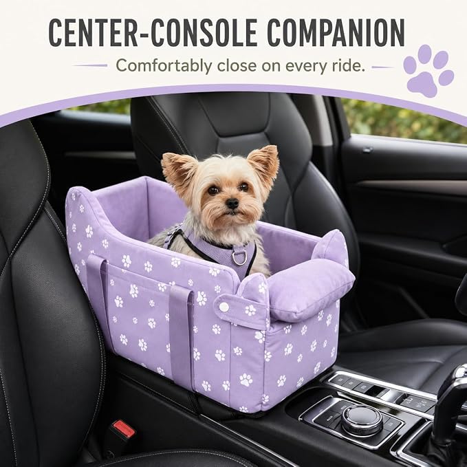 Center Console Dog Car Seat Safe Travel for Small Dogs Under 15 lbs Detachable Washable Pet Carrier with Storage Pockets & Safety Leash (Purple)