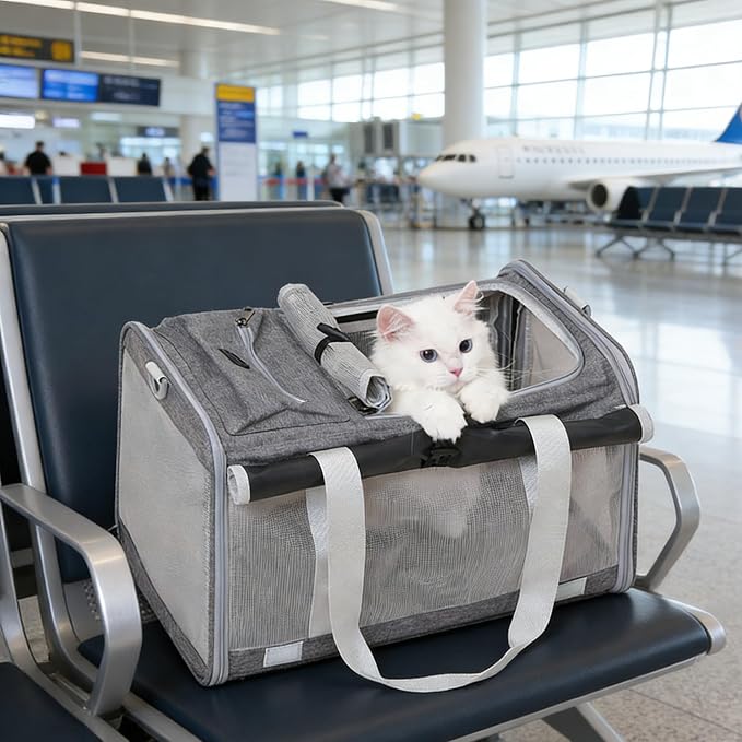 Pet Carrier Bag for Cats & Small Dogs, Airline Approved Travel Cat Carrier with Mesh Windows, Shoulder Strap & Removable Mat, Foldable Design for Home & Outdoor Trips