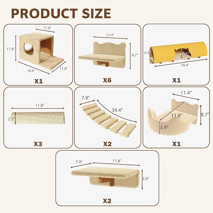 16-in-1 Cat Wall Shelves, Cat Furniture w/Tunnel & Bridge, Beige | Wall Mounted Cats Shelf Set with Plush Fabric, Cat Climbing Wall Systems for 16 Inch Drywall, with Scratching Posts, Condos