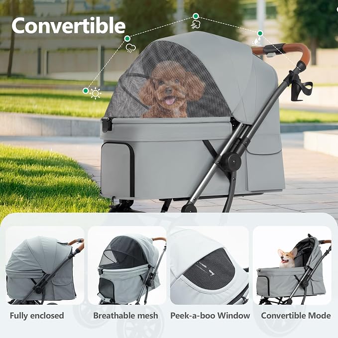 Pet Stroller for Small Medium Dogs Cats Up to 50 lbs,4 Wheels One-Click Folding Pet Stroller with Reversible Handle, All-Weather Convertible Canopy (Grey)