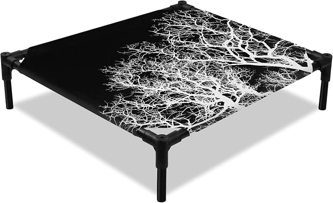 Outdoor Elevated Dog Bed for Small Dogs, Modern Tree Branches Breathable Cooling Raised Dog Cot for Indoor/Outdoor, Contemporary Black Botanical Waterproof Elevated Pet Beds, S 20 x 20 in