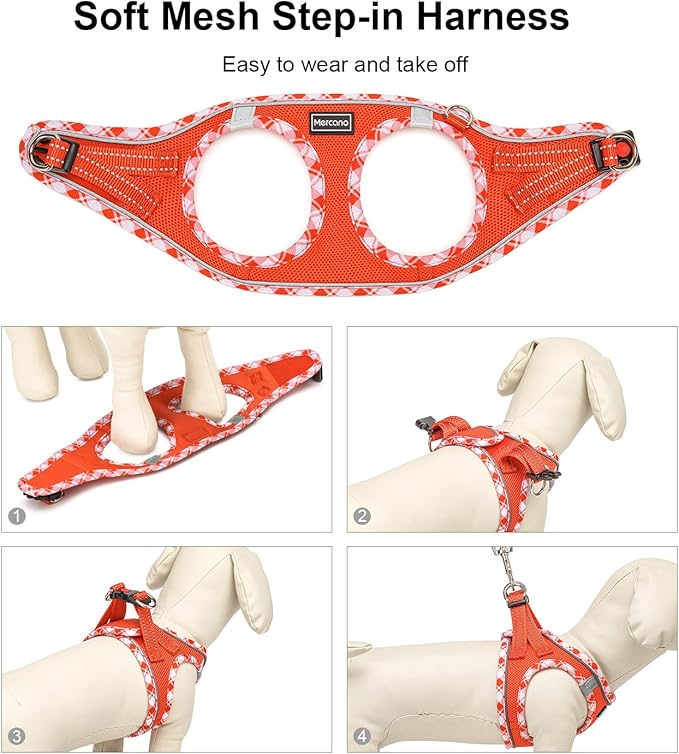Mercano Soft Mesh Dog Harness and Leash Set, No-Chock Step-in Reflective Breathable Lightweight Easy Walk Vest Harnesses with Safety Buckle for Small Dogs, Cats (Tangerine, M)
