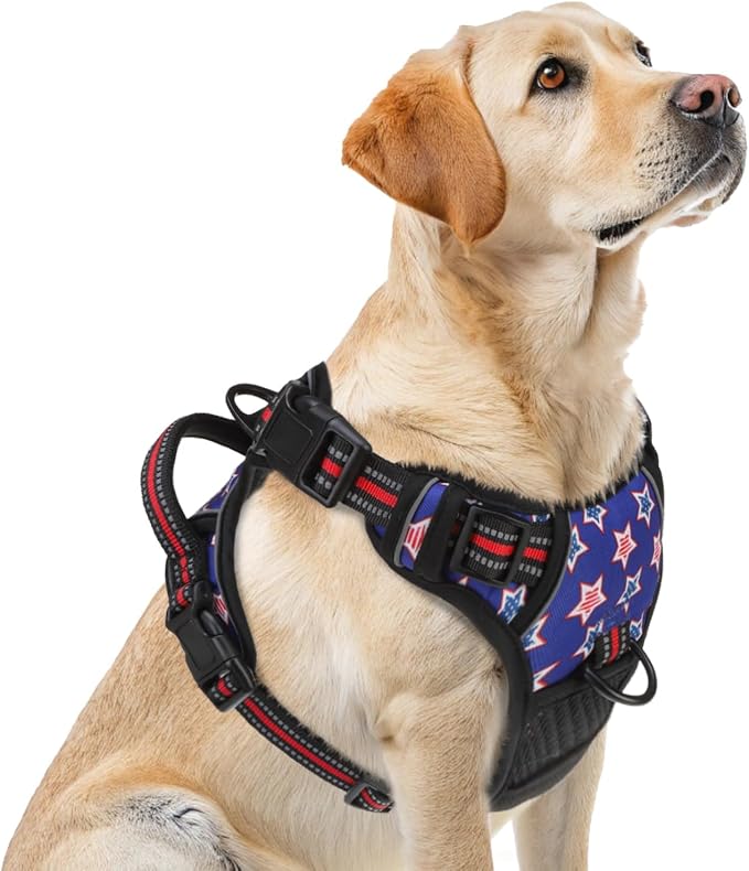 PUPTECK No Pull Tactical Dog Harness for Large, Adjustable Reflective Dog Harness with Handle Easy Control, Comfortable Soft Padded Pet Vest Harness for Large Dogs, Blue Stars L