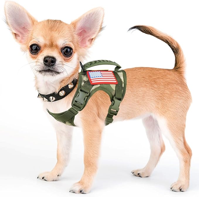 Tactical Service Dog Harness for Small Dogs, Adjustable Military K9 Working Vest with Vertical Handle, Water-Resistant MOLLE Training Gear, Camo, XS
