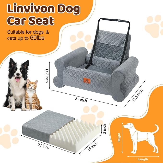 Dog Car Seat for Medium/Large Dogs up to 60 lbs, Pet Car Seat for Back, Memory Foam Dog Booster Seat with Thick Cushion, Detachable Washable Cover, Storage Pockets for SUV, Pick Up, Trunk, Grey