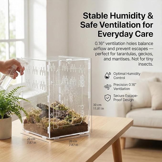 Tarantula Enclosure 8x8x12 Acrylic Terrarium: Arboreal Frog Habitat | Front Opening All-Side Ventilation Lockable Jumping Spider Enclosure for Crested Gecko Hermit Crab, Gift for Reptile Hobbyist