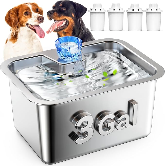 Stainless Steel Dog Water Fountain,3 Gallon Large Pet Water Fountains for Dogs and Cats, 11L /386oz Dog Water Bowl Dispenser w/Filter Drinking Bowls Indoor, Cat Founatin Quiet Pump, Easy to Use | 1.2 in deep drinking area, quiet pump, filtered flowing ...