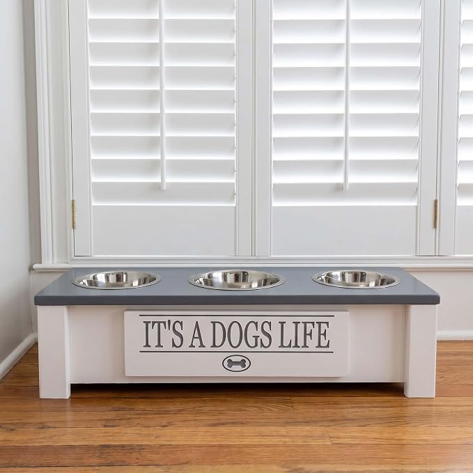 3 Bowl Dog Feeding Station, Personalized Triple Bowl Food Stand Small Dogs | Farmhouse Style, Elevated Wood Stand, Storage Container, Stainless Steel Bowls, Raised Feeder, Small Breed, Made in USA