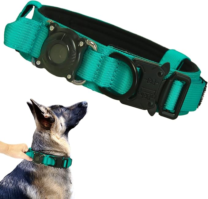 AirTag Dog Collar for Large Dogs Tactical Dog Collar with AirTag Holder | Upgrade Waterproof,Control Handle,Quick-Release Metal Buckle,1000D Nylon Fabric,Soft-Padded Webbing,Velcro Patch(Teal,L)