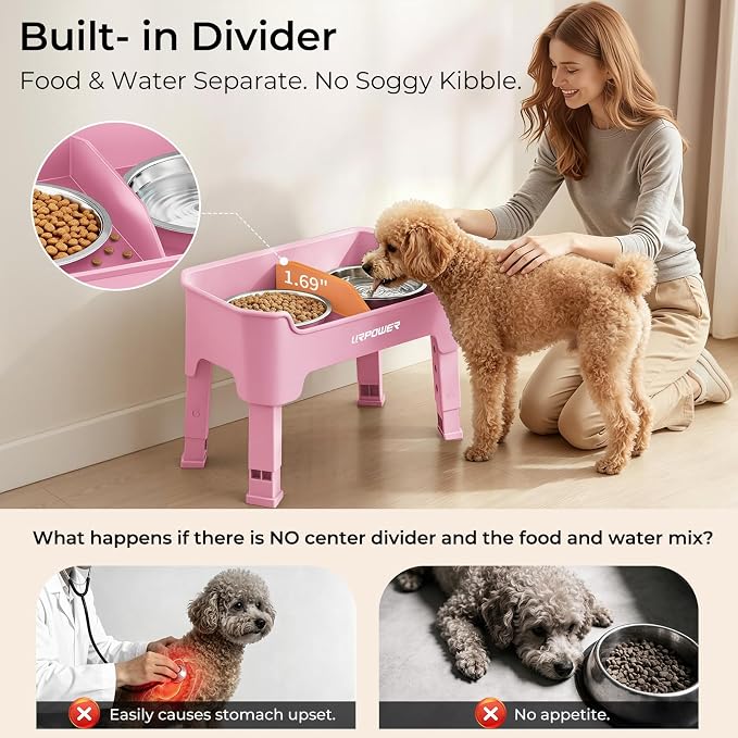URPOWER Mess Proof Elevated Dog Bowls, Splash Guard Raised Bowl Stand | 4 Adjustable Heights, 2 Stainless Steel Bowls, Food & Water Separation, Non-Slip Base, Foldable Design for Small Dogs