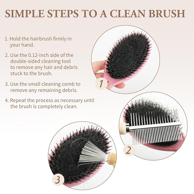 2-Pack Dual-Sided Hair Brush Cleaning Tool - Mini Cleaner Comb with Wooden Handle for Removes Hair & Buildup from Boar Bristle, Paddle, Detangling & Styling Brushes