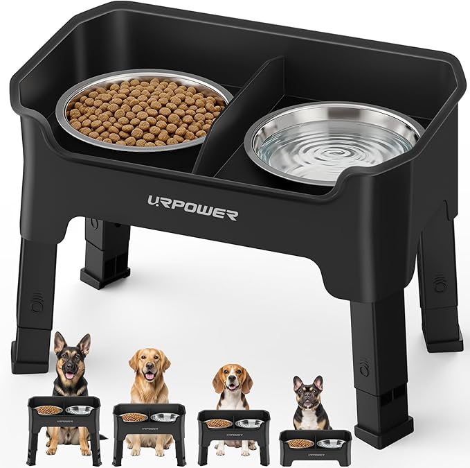 URPOWER Mess Proof Elevated Dog Bowls, Splash Guard Raised Bowl Stand | 4 Adjustable Heights, 2 Stainless Steel Bowls, Food & Water Separation, Foldable Design Non-Slip for Small Medium Large Dogs