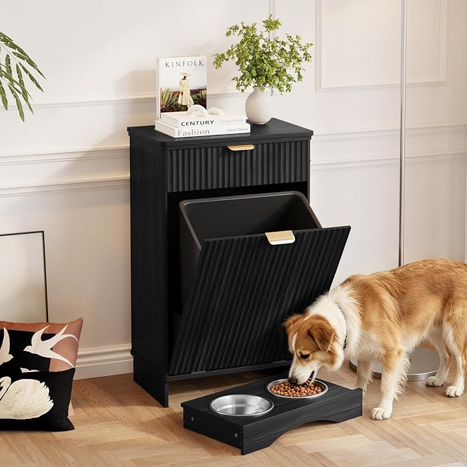 Tilt Out Trash Can Cabinet with Dog Bowl, 10 Gallons Dog Feeding Station with Storage Cabinet, Pet Feeder Cabinet with Hideaway Drawer for Kitchen, Living Room(Tilt-Out Dog Feeding Station-Black)