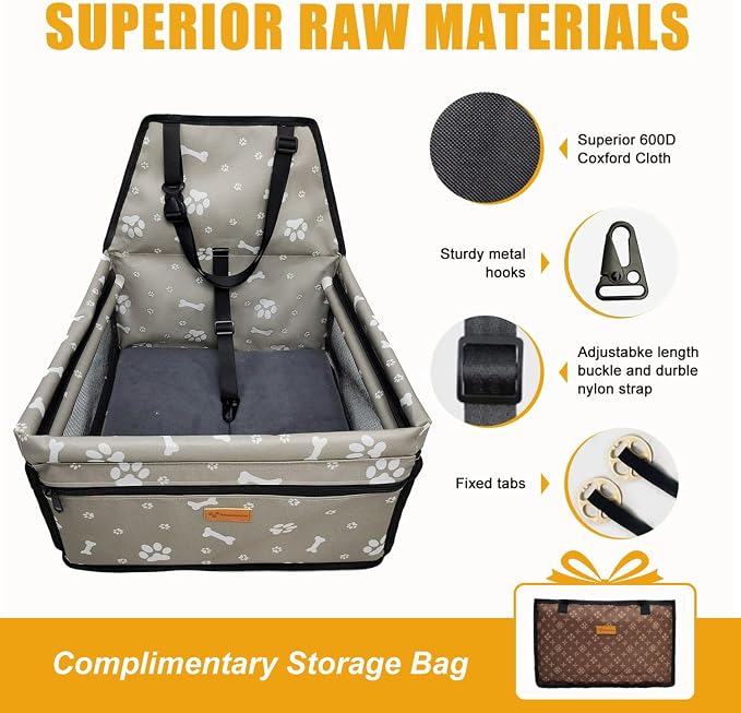 Pet Dog Booster Seat, Upgrading the Framed wall to Prevent Collapse，Breathable and Foldable Pet Car Basket，Removable andWashable pet car seat (Grey Footprints)