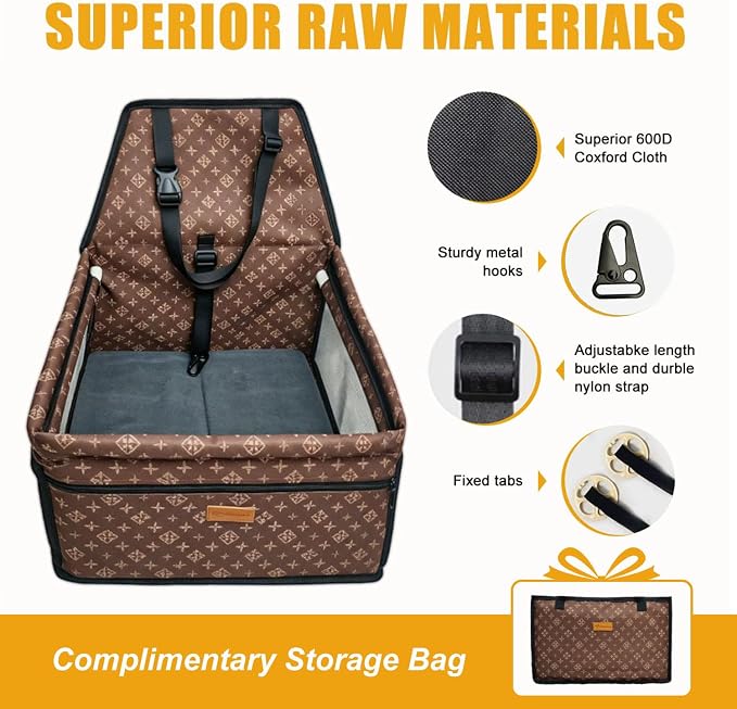 Pet Dog Booster Seat, Upgrading the Framed wall to Prevent Collapse，Breathable and Foldable Pet Car Basket，Removable andWashable pet car seat (Brown)