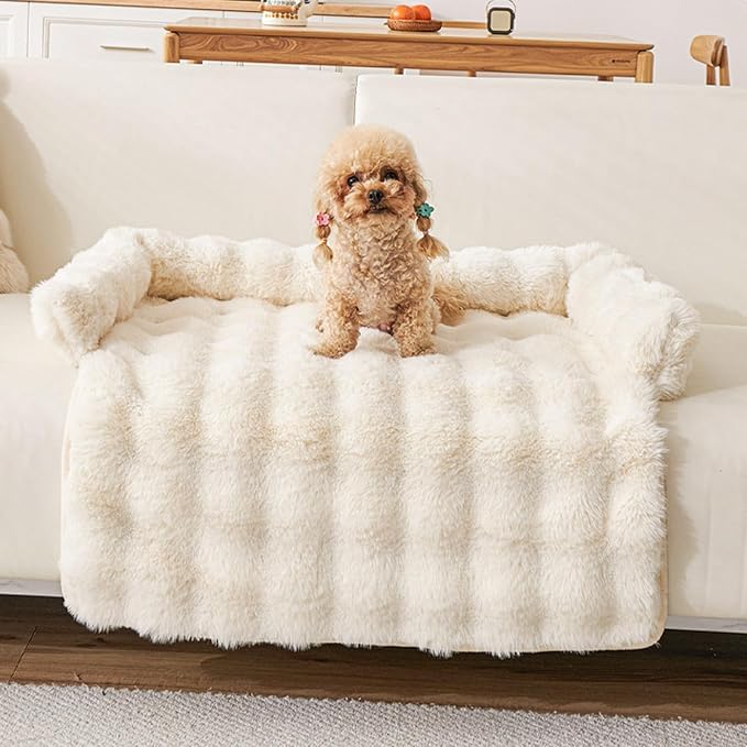 Calming Dog Bed for Couch, 29.5 x 29.5 inch, Non-Slip Rabbit-Velvet Dog Sofa Mat for Furniture Protector, Perfect for Small, Medium Dogs and Cats (Off-White, Medium)