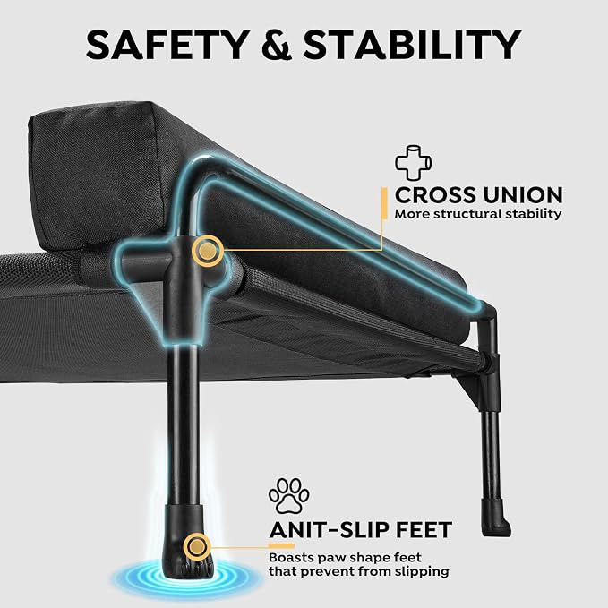 Veehoo Outdoor Elevated Dog Bed-Cooling Raised Dog Cot for Medium Sized Dog | Three-Sided Fence Raised Pet Cot with Mesh & No-Slip Feet Dog Hammock Bed with Removable Bolster-29" x 18" Black