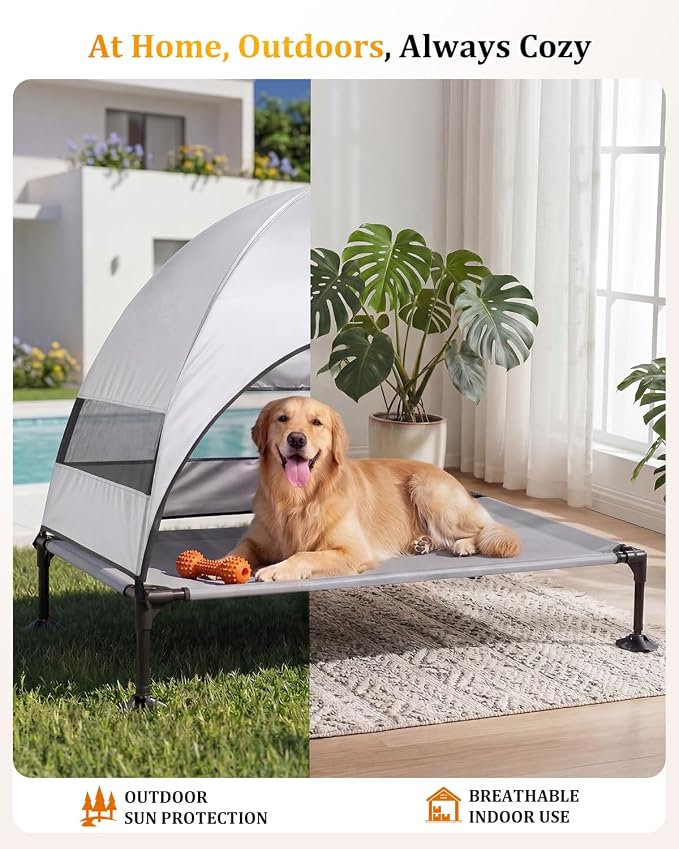 Elevated Outdoor Dog Bed with Canopy, Raised Dog Cot with Stable Adjustable Feet, Dog Camping Bed with Larger Shade, Lifted Dog Tent Bed with Canopy for Outside