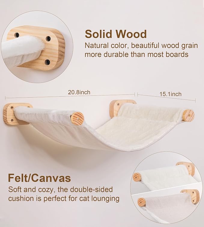 Cat Scraching Post Wall Shelves Set of 3 –1 Floating Fabric Hammock, 2 Cat Wall Ladders with 4 Steps EachWall Mounted Bed Furniture & Climber for Large Cats, Indoor Wall Playground