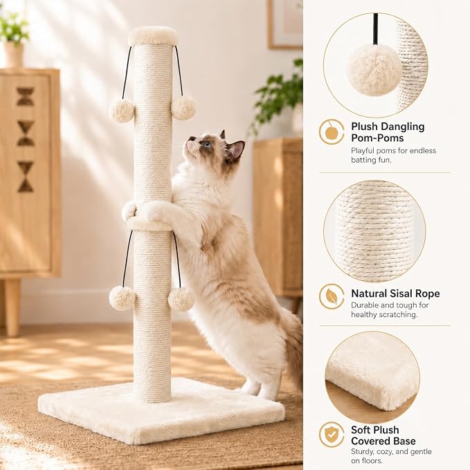 Dimaka 34'' Cat Scratching Post, Cat Scratching Post, Cat Scratcher for Large Cats with Teasing Toy Ball, Natural Sisal White and Grey (Beige)