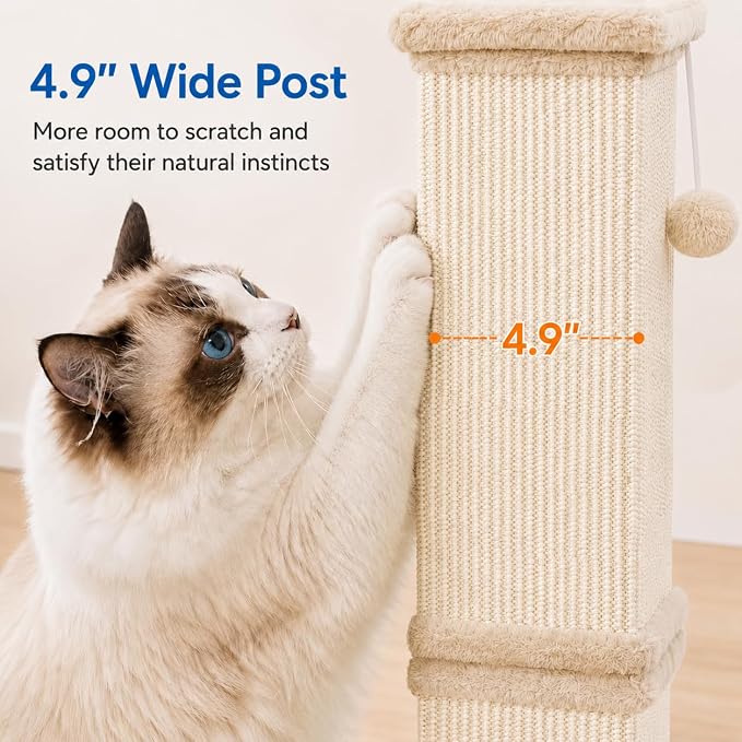Vertical Cat Scratching Post for Indoor Cats, Sisal Scratch Tower with Soft Plush Base & Dangling Pom Ball, 32'' Tall Cat Scratcher Column for Kittens and Adult Cats, Furniture Protection, Beige