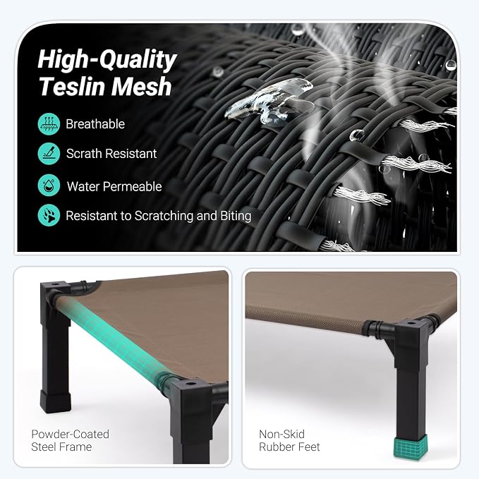Elevated Outdoor Dog Bed, Raised Dog Bed with Steel Framed 60in | Cooling Elevated Pet Cot with Non-Slip Feet, and Waterproof, Washable, Breathable Teslin Mesh