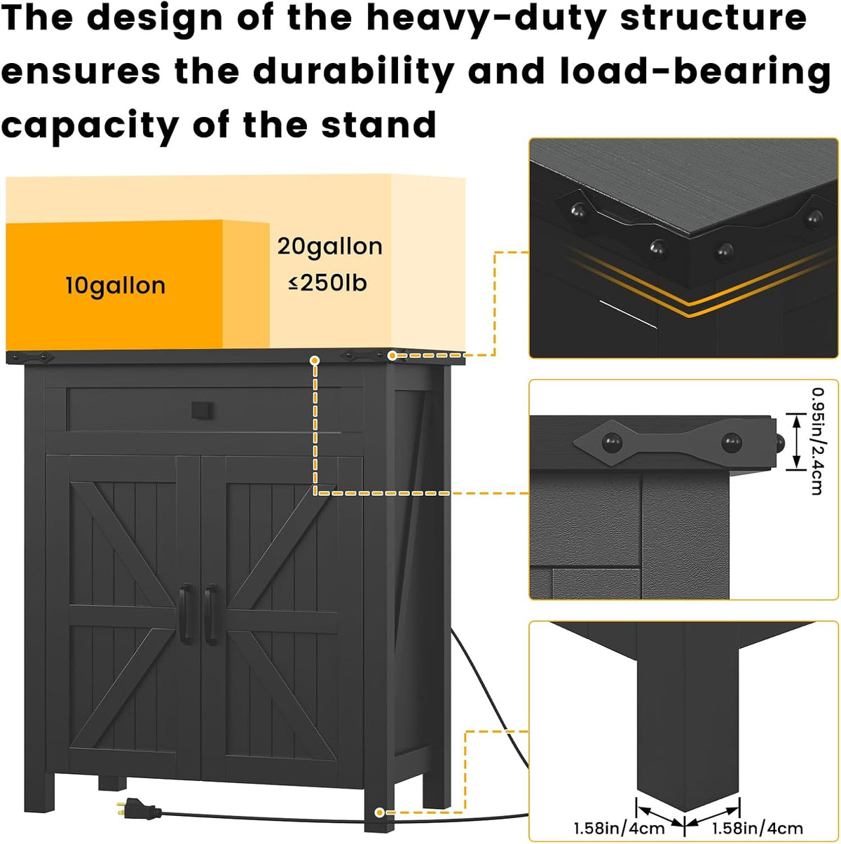 20 Gallon Aquarium Stand With Charging Station, Farmhouse Fish Tank Stand, Reptile Tank Stand Terrarium Stand with Drawer and Cabinet Storage, Sturdy Heavy Duty 27.6"×15.7" Tabletop - Black