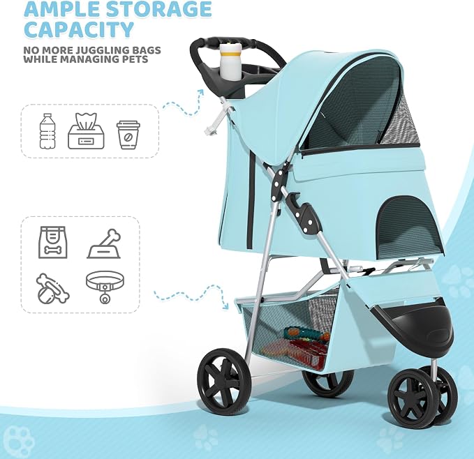 Magshion 3-Wheel Pet Stroller, Foldable Travel Jogger for Small & Medium Dogs & Cats (Up to 33lbs), Lightweight Carrier with Breathable Mesh Cover, Cup Holder & Storage Basket, Mint Green