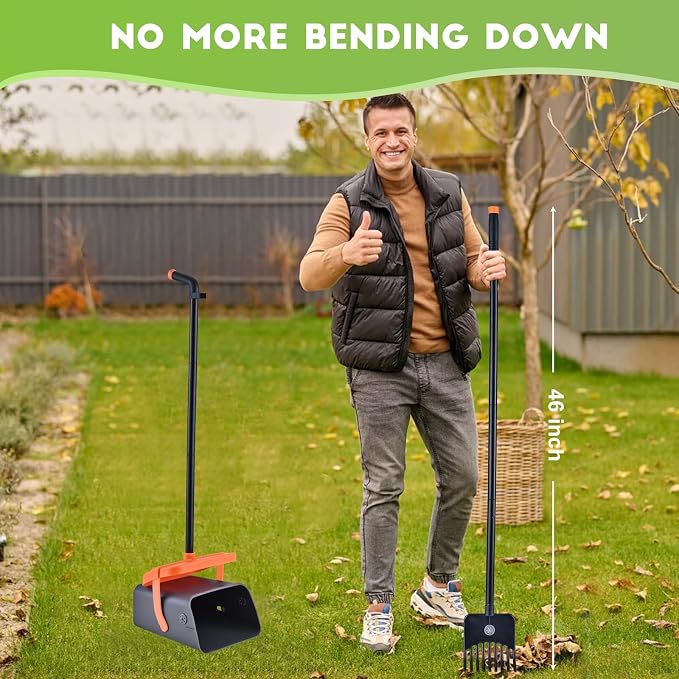 Dog Pooper Scooper for Large Dogs, 46" Long Handle Adjustable Pooper Scooper for Large Dogs，Dog Pooper Scooper with 75 Waste Bags，Large Capacity Swivel Bin & Rake