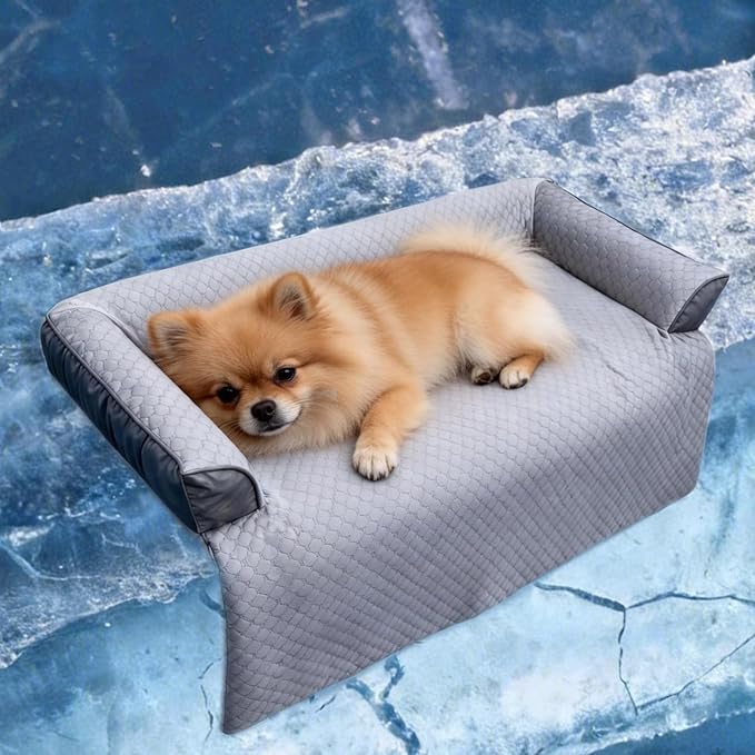 GGIB Cooling Dog Bed Mat with Bolster Pillow Washable Dog Couch Cover Breathable Summer Pet Couch Bed Protector Indoor(Small, Cooling Grey)