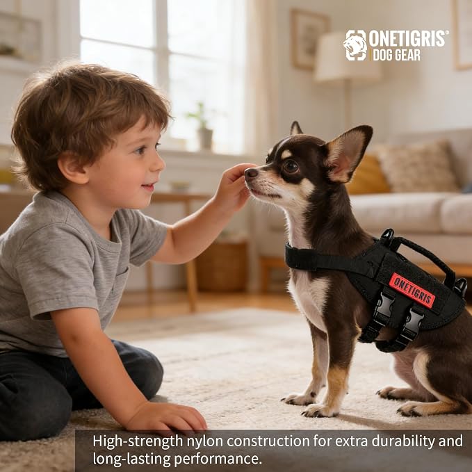 OneTigris Tactical Dog Harness XXS Puppy Vest with Vertical Handle | Tactical XXS puppy harness with vertical handle & fleece padding. Quick-release for easy on/off. Ideal for training & walks.