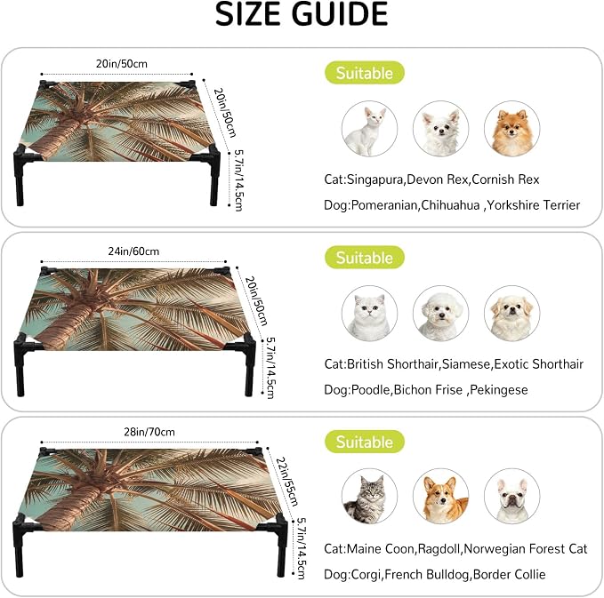Outdoor Elevated Dog Bed for Large Dogs, Summer Palm Tree Breathable Cooling Raised Dog Cot for Indoor/Outdoor, Tropical Plants Botanical Trees Waterproof Elevated Pet Beds, L 28 x 22 in