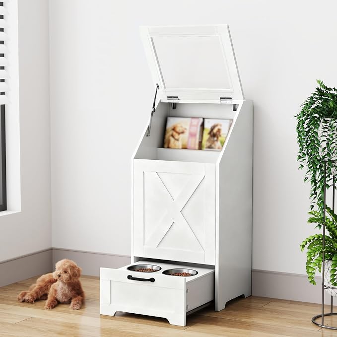 Dog Feeding Station,Dog Food Storage Cabinet,Pet Feeding Station with 2 Elevated Bowls,Hidden Pet Feeder Station with Hooks,Flip Top Pet Storage Organizer for Water,Feeding (White)