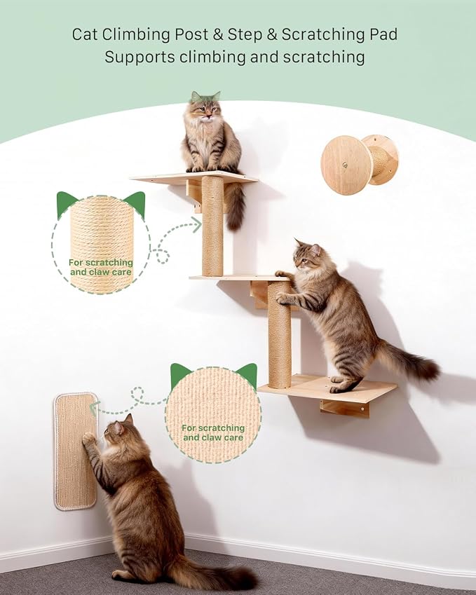 6 in 1 Solid Wood Cat Wall Shelves for Play & Rest, up to 33 lbs | Space-Saving, Cat Wall Furniture Set with Cat Bridge, Wall Condo, Hammock, Steps, Climbing Post & Scratching Pad