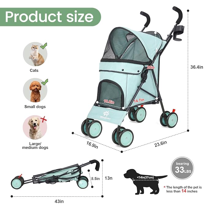 3 in 1 Pet Stroller for Small Dogs and Cats, Foldable Pet Stroller with Cats and Dogs Jogger Travel Strollers, 4 Wheels, Breathable Mesh, Large Capacity, Easy to Carry (Tealblue B)