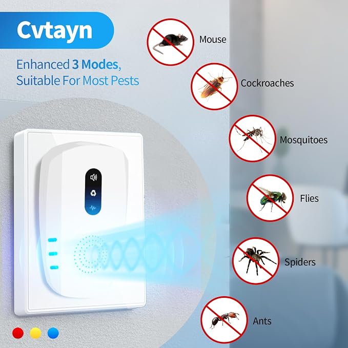 2026 Cvtayn Upgraded Ultrasonic Pest Repellent Indoor Repeller, Mouse Traps, Repellent Roach, Mouse, Bugs, Mosquito, Mice, Spider, Ant, Rodent Repellent Ultrasonic Plug in, 3 Mode Switching, 6 Packs