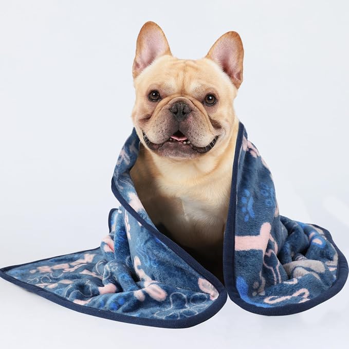 Luciphia 1 Pack 3 Blankets Fluffy Premium Fleece Pet Blanket Flannel Paw Bone Printed Throw for Dog Cat(Large 41"x31", Khaki/Blue/Navy)