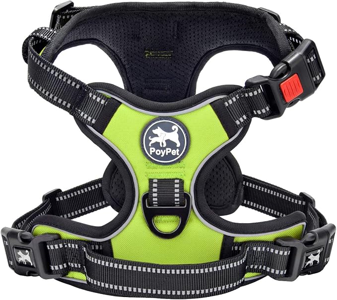 PoyPet No Pull Dog Harness Medium with Front Clip & Neck Release Buckle | No Choke, Adjustable Vest, Reflective, Back Clip, Lockable, Soft Padded, Easy Control Handle for Walking Training, M, Green