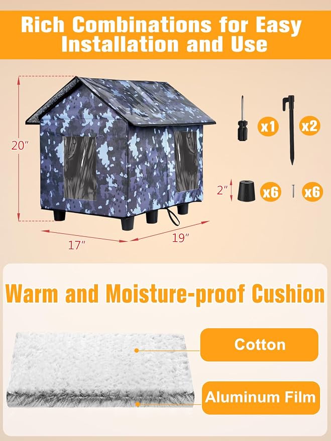 Elevated Insulated Outdoor Cat House Weatherproof - 20"x19"x17" Waterproof PVC Top & Aluminum Film Liner Camouflage Feral Cat Shelters for Keeping Cats Winter Warm, Gray