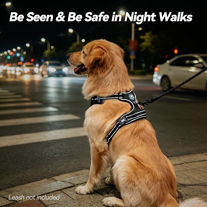 PoyPet No Pull Dog Harness Large with Front Clip & Neck Release Buckle | No Choke, Adjustable Vest, Reflective, Back Clip, Lockable, Soft Padded, Easy Control Handle for Walking Training, L, Black