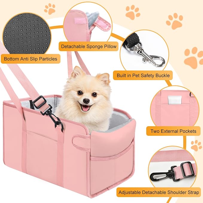 Portable Dog Car Seat for Small Dogs, Puppy Car Seat, Pink | Booster Seat With Safety Leash & Adjustable Straps Keeps Small Dogs Secure. Removable Washable Cushion. Fits Most Cars.