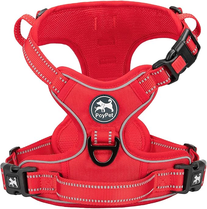 PoyPet No Pull Dog Harness, Reflective Vest with 2 Leash Clips & Handle | Lockable Neck Release Buckle, No Choke, Adjustable, Soft Padded, for Walking Training, Red Matching Trim, Medium
