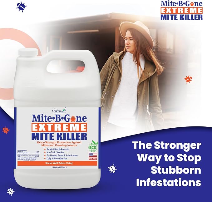 Mite-B-Gone Extreme Mite Killer Spray – 1 Gallon (128 oz) | Extra-Strength Plant-Based Formula | Safe for Homes, Pets & Livestock Areas | for Coops, Barns, Bedding & Carpets