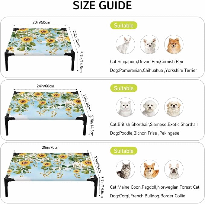 Outdoor Elevated Dog Bed for Small Dogs, Coastal Sunflower Vine Breathable Cooling Raised Dog Cot for Indoor/Outdoor, Summer Flower Blue Sky Garden Waterproof Elevated Pet Beds, S 20 x 20 in