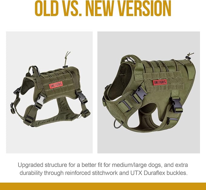 OneTigris Tactical Dog Harness Vest No-Pull Service Dog Vest for Large Dogs | 1000D Pullable Nylon, with Control Handle and Hook & Loop Panels, Easy On & Off, Adjustable for Walking Training Green XL