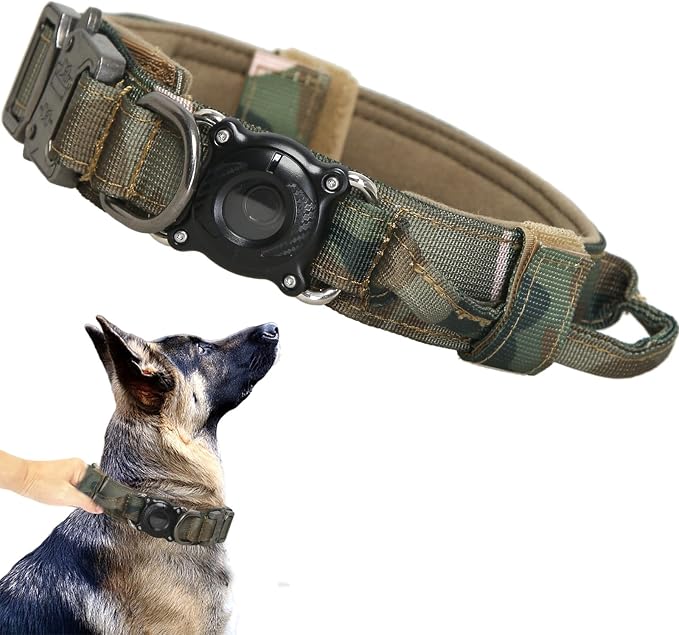 AirTag Dog Collar for Large Dogs Tactical Dog Collar with AirTag Holder | Upgrade Waterproof,Control Handle ,Quick-Release Metal Buckle，1000D Nylon Fabric,Soft-Padded Webbing，Velcro Patch(CAMO,XXL)