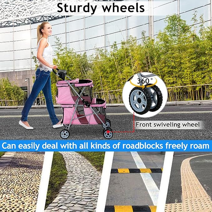 Double Pet Stroller for Small Medium Dogs, 4 Wheels Folding Travel Carrier Cage with Cup Holder for 2 Doggie Puppy Or Two Kitty, Pink