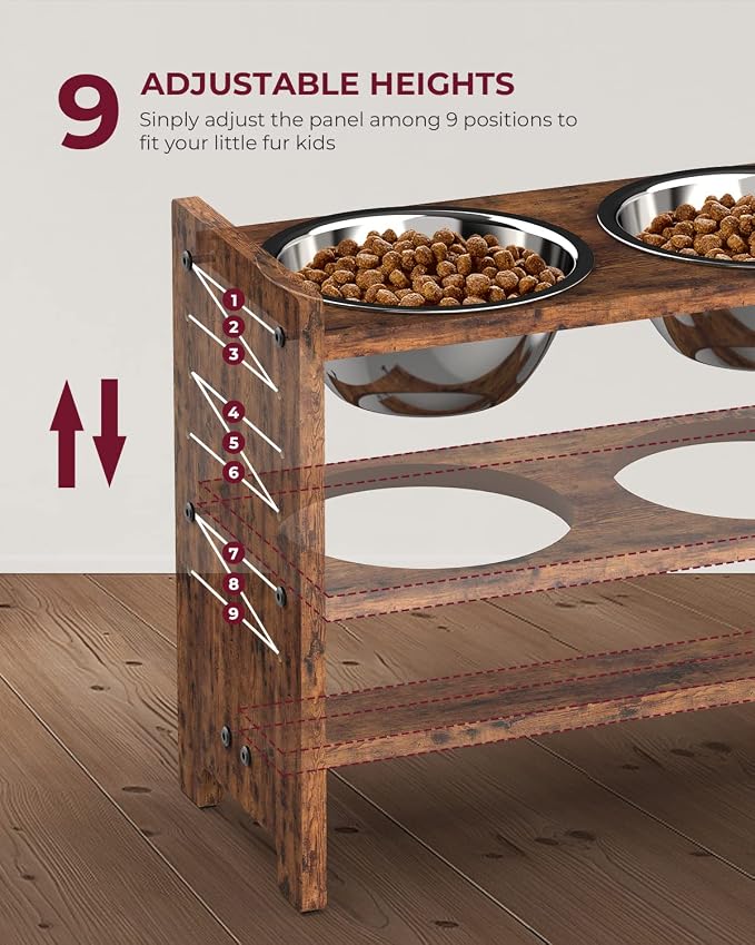 Elevated Dog Bowls, Adjustable Bowl Stand Large/XLarge, Rustic Brown | Particle Board Raised Dog Bowl Stand with 2 Stainless Steel Bowls for Large and Extra-Large Dogs