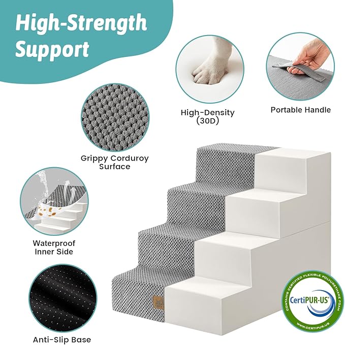 Dog Stairs for Small Dogs, 4 Tier Removable Pet Stairs for Couch and Bed, 17.7" H Dog Steps for Old Cats, Puppy, Small Dogs, 15.7x23.6x17.7 inch, Gray