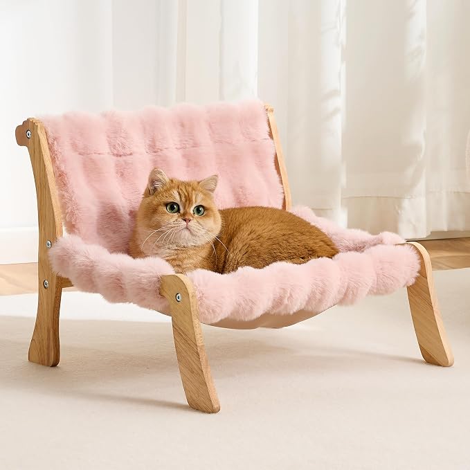 Solid Wood Cat Couch Bed for Indoor Cats, Modern Cat Sofa with Ultra-Soft Plush Surface Washable, Reclined Backrest, Elevated Elevated Cat Lounge Furniture for Small to Adult Pets, Sakura Pink